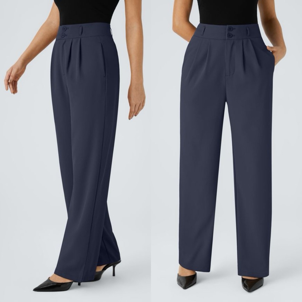 Halara Navy Blue High Waisted Smocked Straight Leg Petite Work Pants Trousers